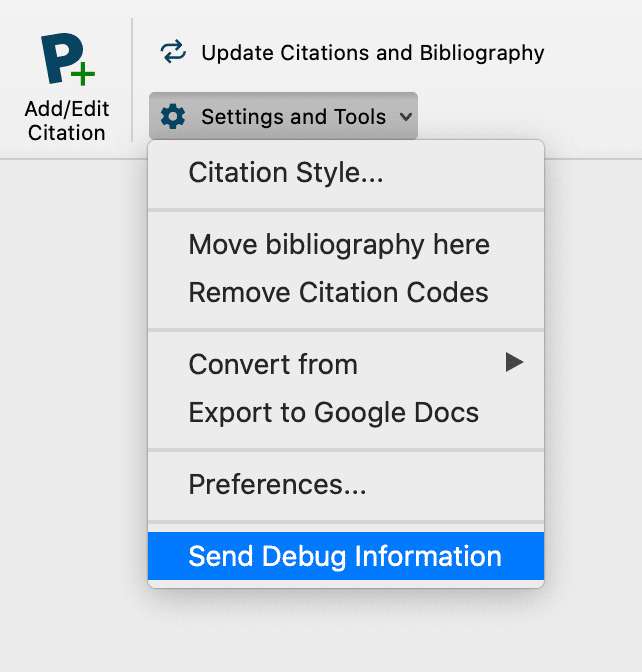 The Settings and Tools menu in Word’s Paperpile tab with “Send Debug Information” highlighted at the bottom, below Citation Style…, Move bibliography here, Remove Citation Codes, Convert from, Export to Google Docs and Preferences…